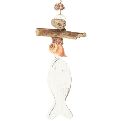Prodotto Campanello a vento decorazione nave a vela pesce legno bianco naturale H56cm