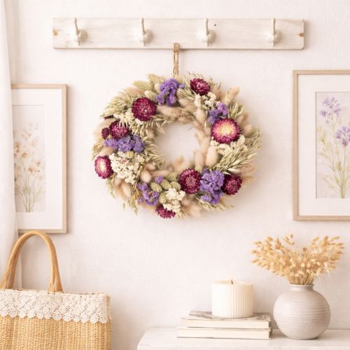 Prodotto Ghirlanda di fiori secchi, decorazione festiva per la tavola, ideale per occasioni e stagioni speciali, 25 cm.