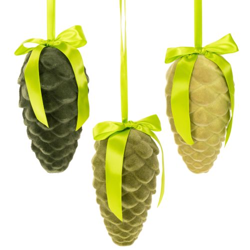 Pigne decorative da appendere, pigne floccate con nastro e fiocco, 18 cm, 3 pezzi