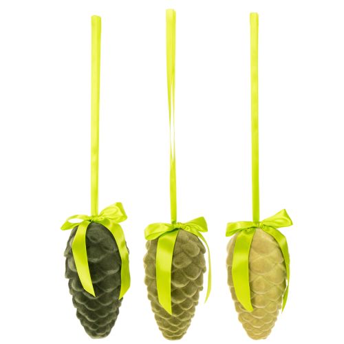 Pigne decorative da appendere, pigne floccate con nastro e fiocco, 18 cm, 3 pezzi | Floristik24.it