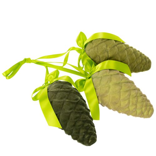 Pigne decorative da appendere, pigne floccate con nastro e fiocco, 18 cm, 3 pezzi | Floristik24.it