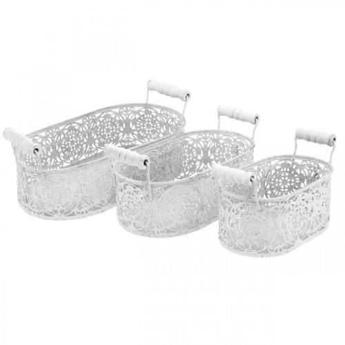 Floristik24 Ciotole per piantare, vaso decorativo con decoro in pizzo, vaso in metallo con manici, ovale bianco, argento Shabby Chic L25,5 / 20 / 15cm H7cm set di 3