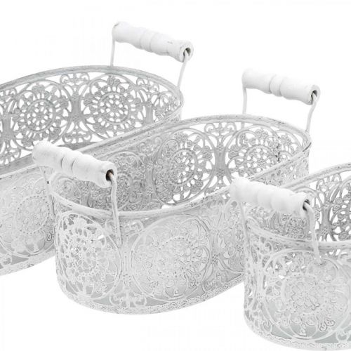 Prodotto Ciotole per piantare, vaso decorativo con decoro in pizzo, vaso in metallo con manici, ovale bianco, argento Shabby Chic L25,5 / 20 / 15cm H7cm set di 3