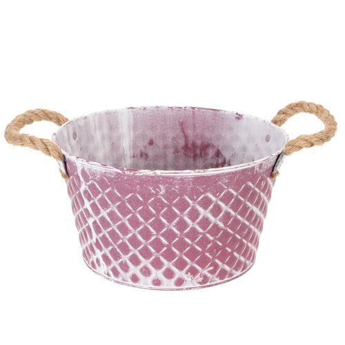 Ciotola in zinco, forma a diamante con manici in corda, finitura viola/bianca lavata, Ø24,5cm H14cm acquistare | Floristik24.it