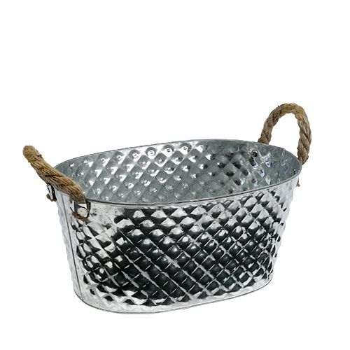 Ciotola in zinco ovale con manici in corda 27 cm x 17,5 cm H12 cm