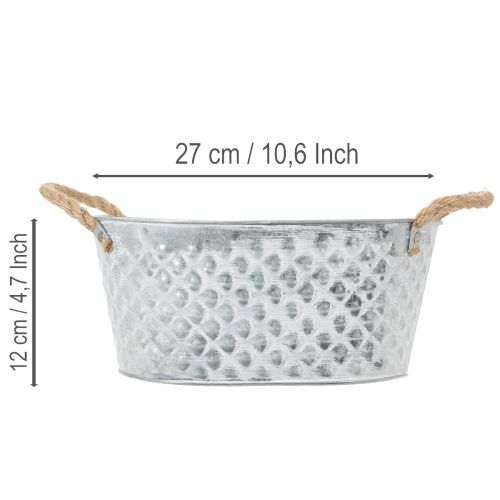 Ciotola ovale in zinco con manici in corda, 27 cm x 17,5 cm, H12 cm | Floristik24.it