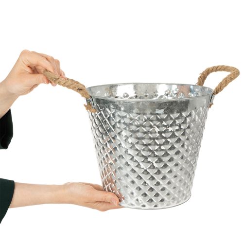 Vaso in zinco, a forma di diamante, con manici in corda, sbiancato, Ø24,5cm H21cm | Floristik24.it