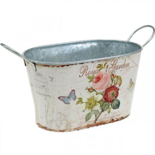 Prodotto Fioriera vintage, vaso in metallo con manici, fioriera con rose L18cm H10.5cm