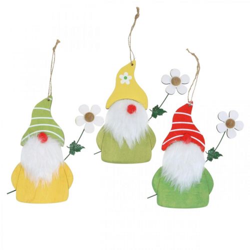 Floristik24 Gnomo decorativo primaverile da appendere nano in legno con fiore H17cm 6 pz