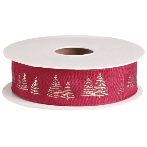 Floristik24 Nastro decorativo natalizio in rosso con motivi dorati di alberi di Natale, larghezza 25 mm, lunghezza 15 m
