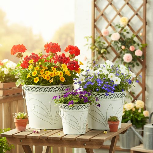 Fioriera in metallo sbalzato con manici, bianca e verde, stile shabby chic, H22/19.5/17.5cm, Ø25.5/20.5/15.5cm, set da 3 | Floristik24.it