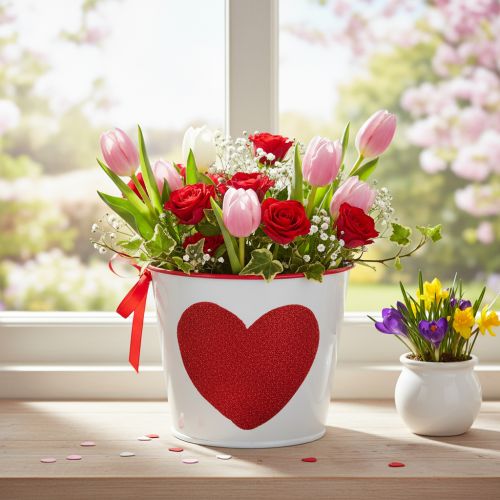 Prodotto Vaso da fiori bianco con cuore rosso, fioriera, Ø13cm H10.5cm