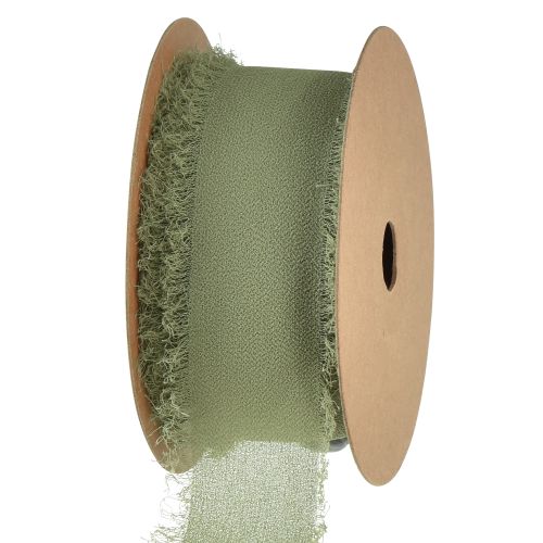 Floristik24 Nastro in chiffon con frange in tessuto verde oliva L40mm L15m