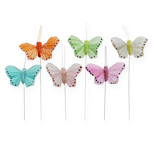 Floristik24 Farfalle di piume sul filo colorato 5,5cm 24 pezzi