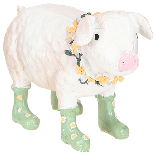 Prodotto Maialino decorativo con stivali di gomma – Figura di fattoria divertente con corona di fiori 15,5 cm 2 pezzi