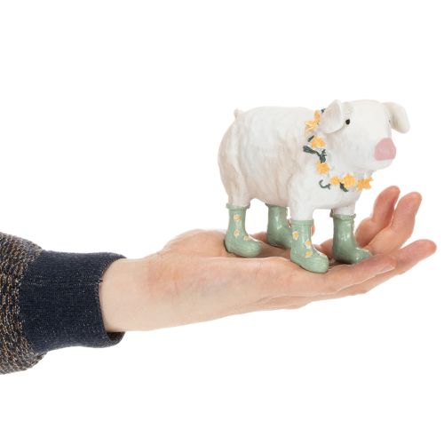 Maialino decorativo con stivali di gomma – Simpatica statuetta da fattoria con ghirlanda di fiori 15,5 cm | Floristik24.it