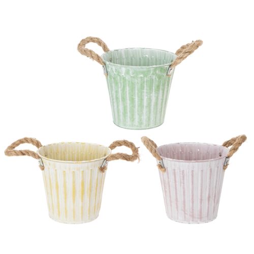 Floristik24 Vaso decorativo, secchio in metallo per piantare, fioriera con manici, set shabby chic rosa/verde/giallo da 3 pezzi Ø15cm H13cm