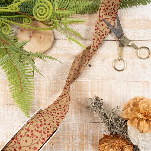 Rami decorativi in nastro con bacche rosse glitterate, 40 mm x 15 m | Floristik24.it