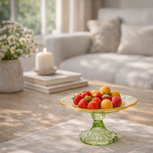 Prodotto Piatto decorativo in vetro con piede, motivo floreale, ideale per presentazioni festive, 15 cm