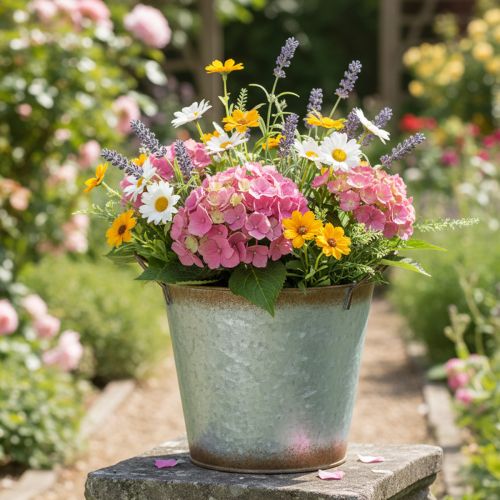 Prodotto Vaso decorativo con manici, secchio per piante, contenitore in metallo, argento, acciaio anticato, Ø17cm H16.5cm