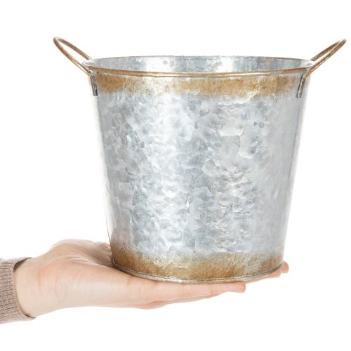 Prodotto Vaso decorativo con manici, secchio per piante, contenitore in metallo, argento, acciaio anticato, Ø17cm H16.5cm