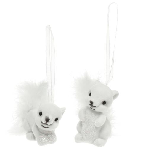 Prodotto Ciondoli scoiattolo bianco da 6 cm con dettagli glitterati e piume - Perfetti per la decorazione festosa dell&#39;albero di Natale - Confezione da 2