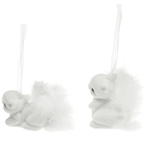 Prodotto Ciondoli scoiattolo bianco da 6 cm con dettagli glitterati e piume - Perfetti per la decorazione festosa dell&#39;albero di Natale - Confezione da 2