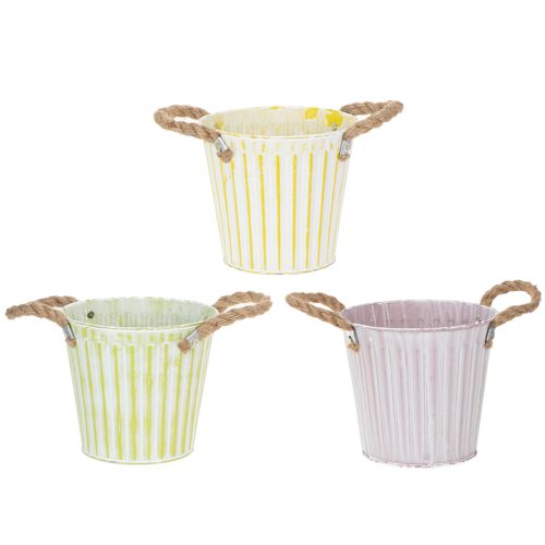 Floristik24 Secchio per piantare, fioriera con manici, decorazione in metallo rosa/verde/giallo shabby chic Ø16,5cm H15cm set da 3 pezzi