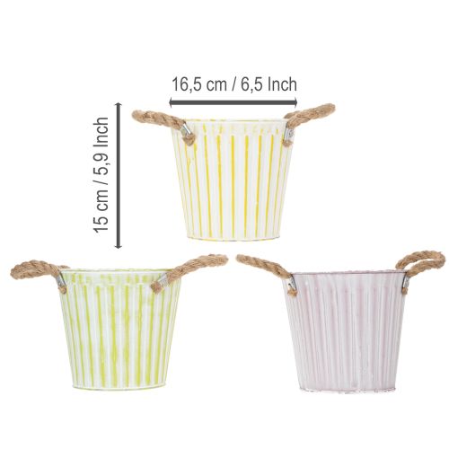 Prodotto Secchio per piantare, fioriera con manici, decorazione in metallo rosa/verde/giallo shabby chic Ø16,5cm H15cm set da 3 pezzi