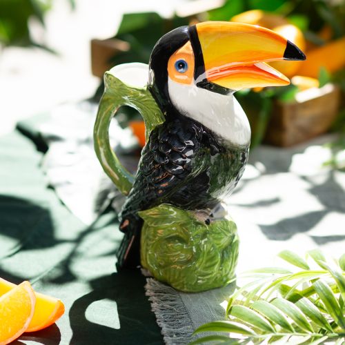 Vaso decorativo esotico in ceramica raffigurante un tucano, colorato, 20×10×24cm