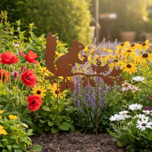 Scoiattolo da giardino su ramo, metallo effetto invecchiato, altezza 42 cm, 3 pezzi | Floristik24.it
