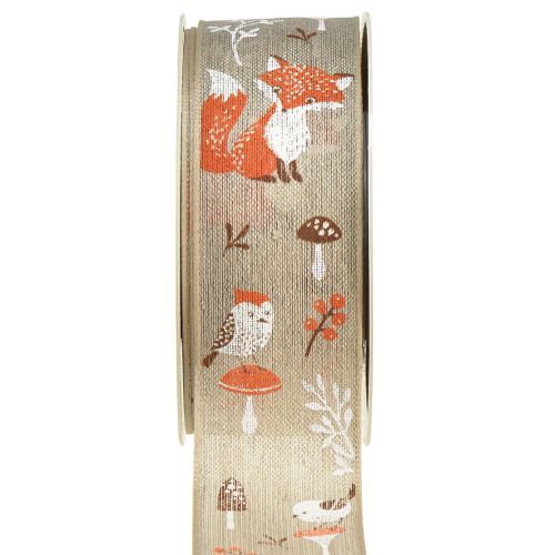 Nastro regalo autunnale con volpe e funghi lino grigio 40mm 15m