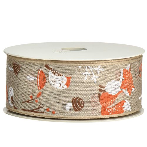 Prodotto Nastro regalo autunnale con volpe e funghi lino grigio 40mm 15m