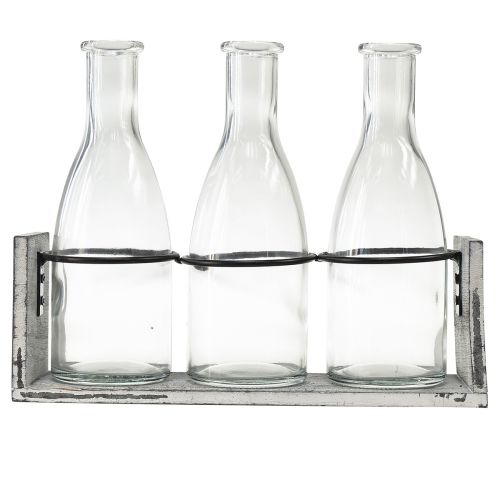 Prodotto Set di bottiglie rustiche su supporto in legno - 3 bottiglie di vetro, grigio-bianco, 24x8x20 cm - Versatile per la decorazione