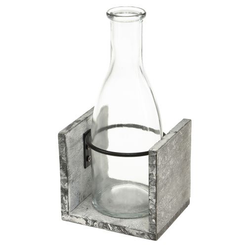Floristik24 Vaso in vetro con supporto in legno grigio, 9,5x8x20 cm - Decorazione rustica con 4 bottiglie