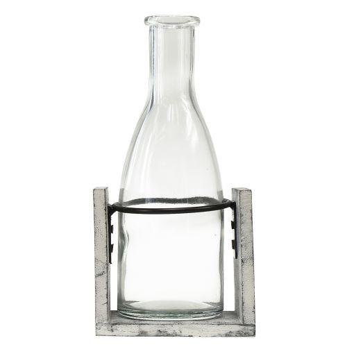 Prodotto Vaso in vetro con supporto in legno grigio, 9,5x8x20 cm - Decorazione rustica con 4 bottiglie