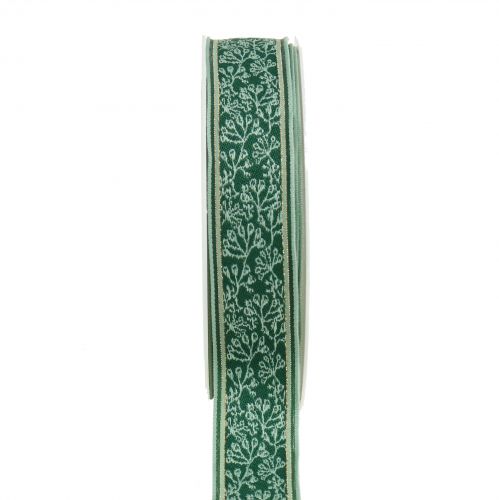 Floristik24 Nastro regalo cespuglio di bacche jacquard con bordo in filo verde scuro, menta 25mm L15m