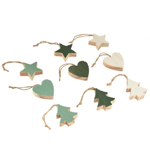 Prodotto Set pendenti in legno per albero di Natale, cuore-albero-stella, verde-menta-bianco, 4,5 cm, 9 pezzi - Decorazione natalizia