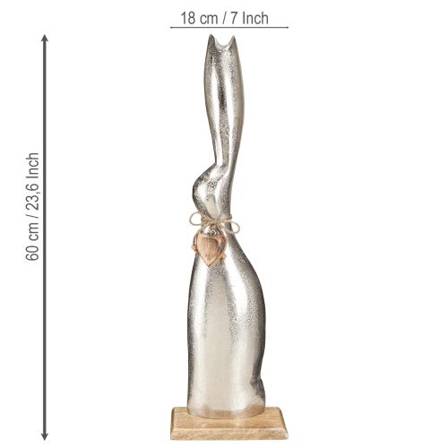 Prodotto Coniglio decorativo in argento su base in legno – Elegante figura pasquale con ciondolo a forma di cuore H60cm