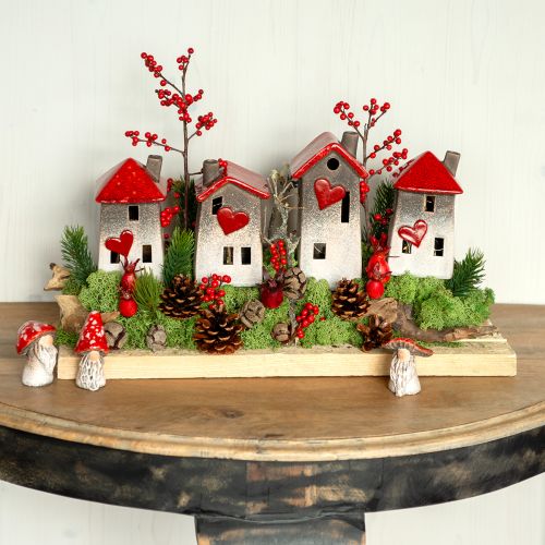 Floristik24 Romantiche casette in ceramica con motivo a cuori - toni rossi e naturali, 11 cm - decorazione invernale realizzata con cura - 3 pz.