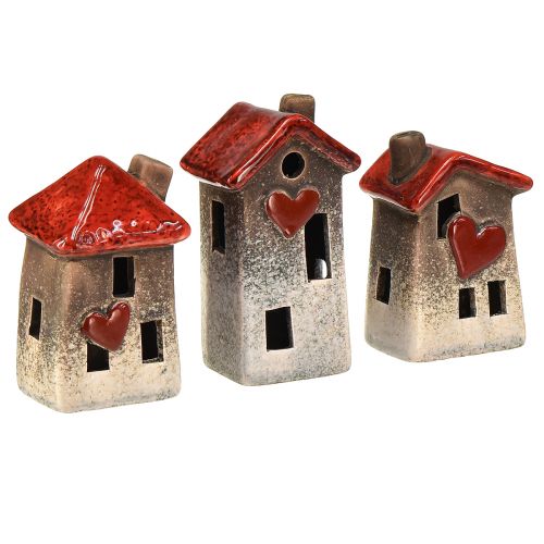 Floristik24 Romantiche casette in ceramica con motivo a cuori - toni rossi e naturali, 11 cm - decorazione invernale realizzata con cura - 3 pz.