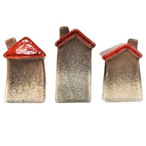 Prodotto Romantiche casette in ceramica con motivo a cuori - toni rossi e naturali, 11 cm - decorazione invernale realizzata con cura - 3 pz.