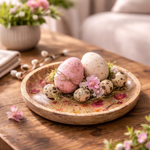 Prodotto Piatti in legno con fiori e farfalle, rosa naturale, Ø15cm, 3 pezzi