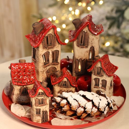 Set di decorazioni in ceramica a forma di casetta con tetto rosso, 8 cm, 2 pezzi | Floristik24.it
