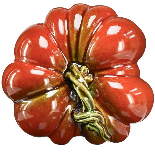 Prodotto Zucca in ceramica lucida di colore rosso-arancio brillante con gambo verde - 21,5 cm - decorazione autunnale ideale
