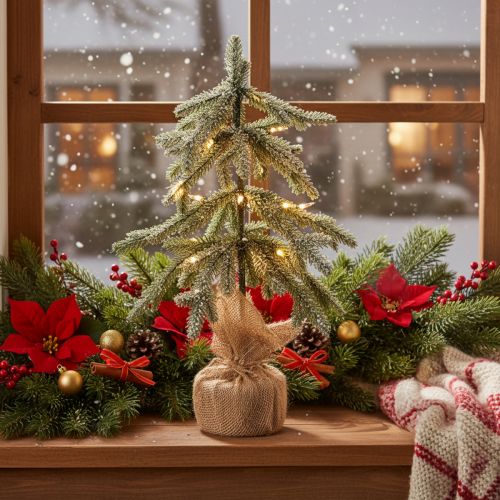 Albero di Natale artificiale con neve, a LED, in sacco di iuta, a batteria, per uso interno, 50 cm | Floristik24.it