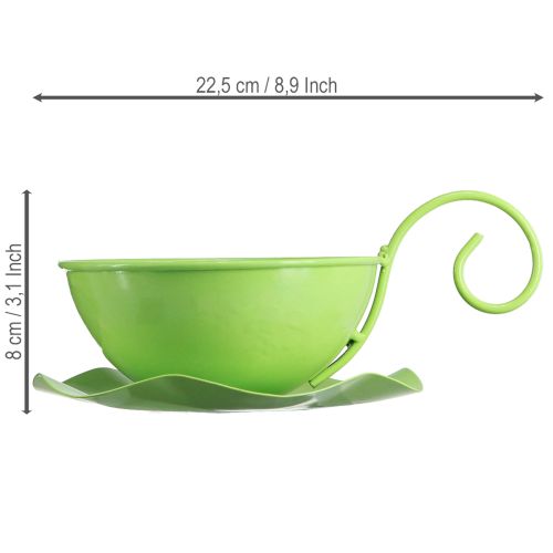 Prodotto Tazza decorativa in metallo, verde mela, con piattino, H8cm Ø11.5cm, 2 pezzi