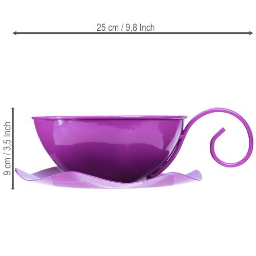 Tazza decorativa in metallo Ø16cm H9cm con piattino, colore viola, 2 pezzi | Floristik24.it