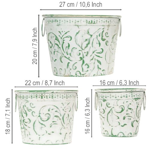 Prodotto Vasi in metallo con manici, fioriere con decorazioni in rilievo, bianco, verde, shabby chic, H20.5/18.5/16cm, Ø25.5/20.5/15.5cm, set da 3