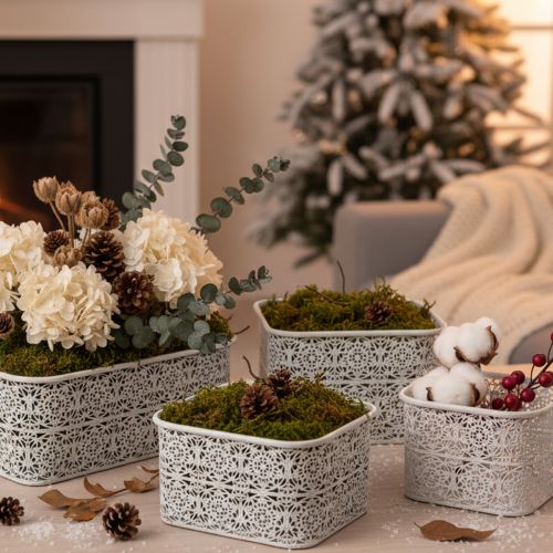 Prodotto Ciotole in metallo con motivo a pizzo, contenitore decorativo, quadrate, shabby chic, bianche, 27/23/19 cm, H13,5 cm, set da 3